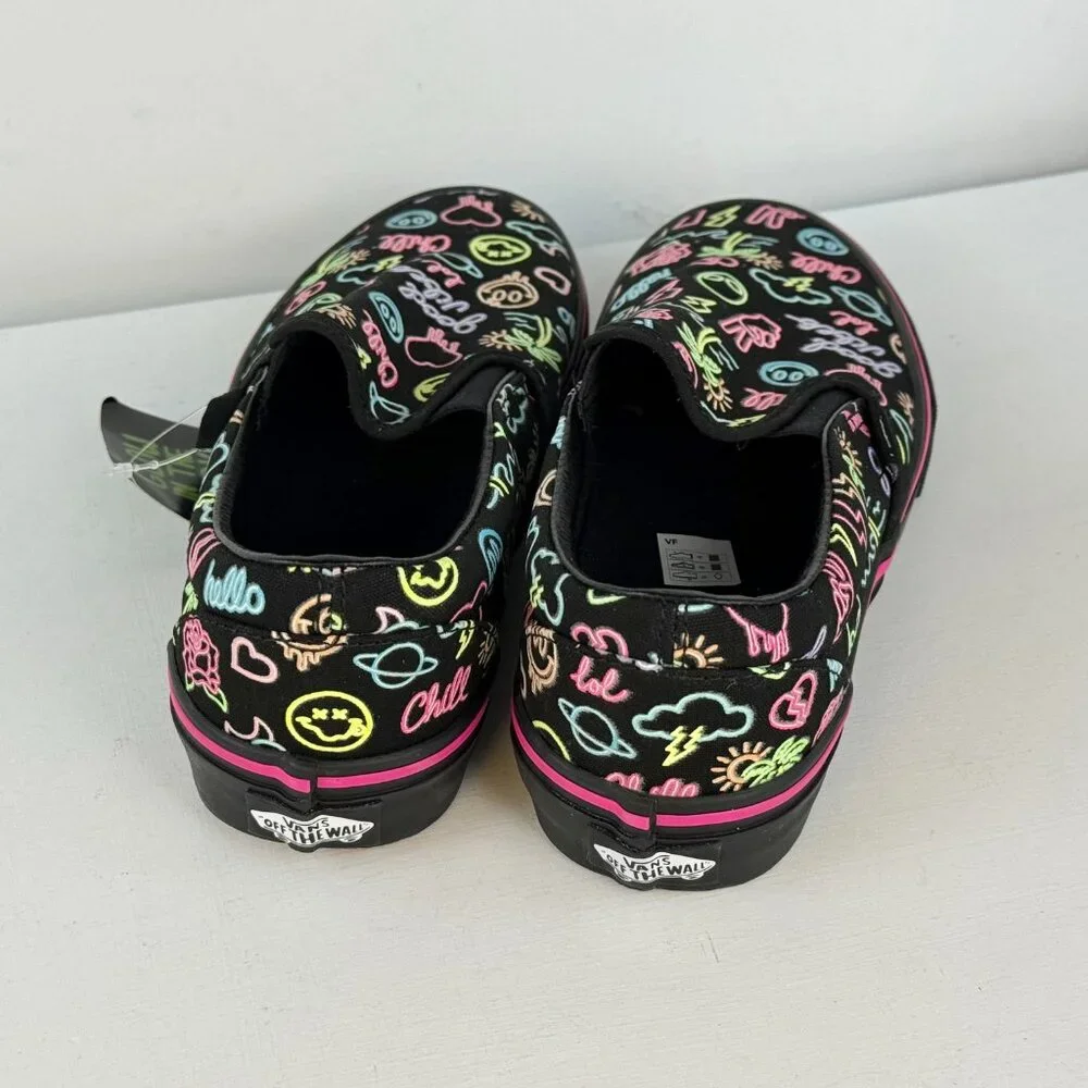 M6 W7.5- Vans Slip-On Glow In The Dark Black Neon Lights Emoji Skate Shoes